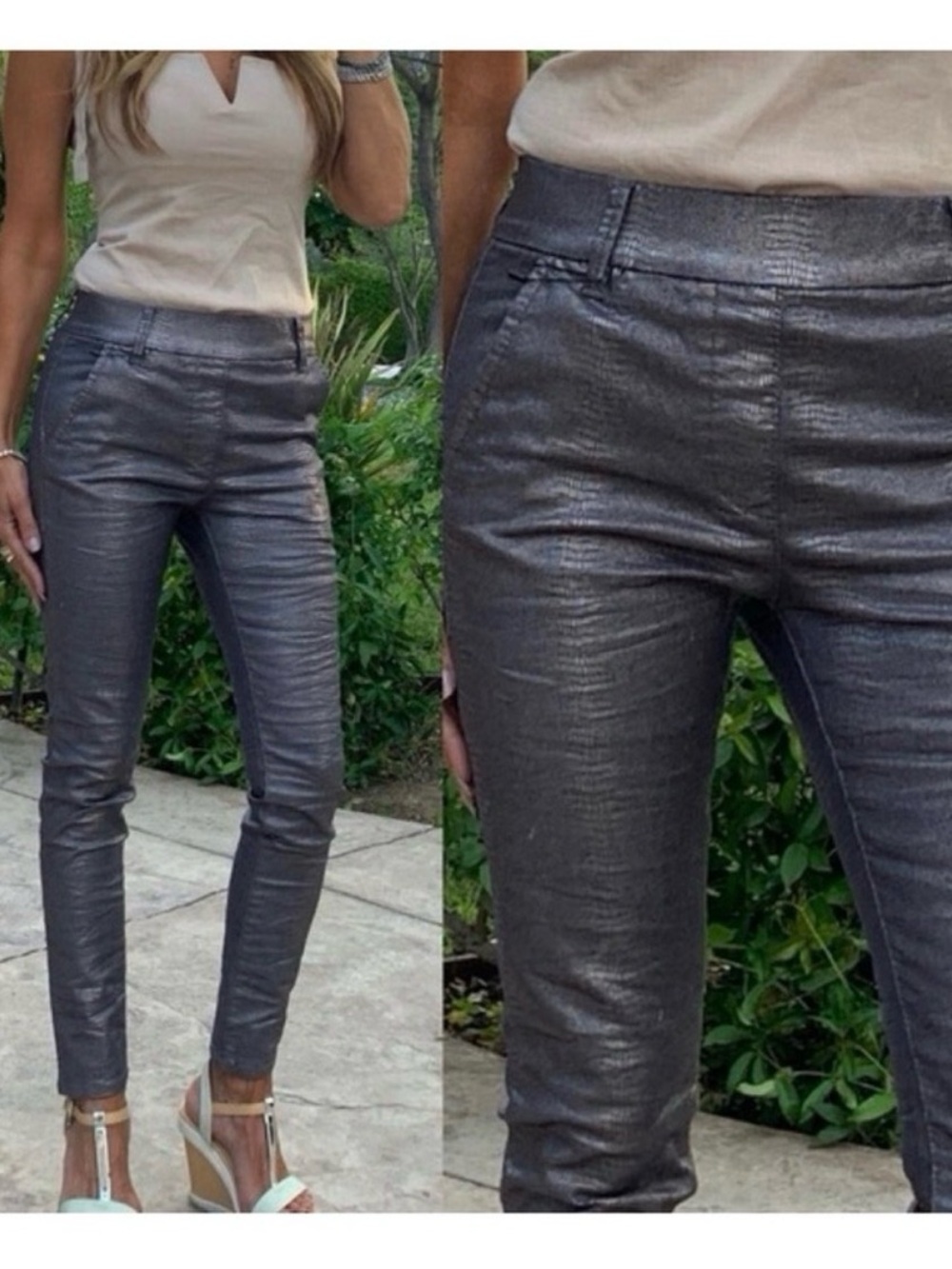 Bevy Flog Metallic Snake Skin Pull On Straight Leg Pants Size 26